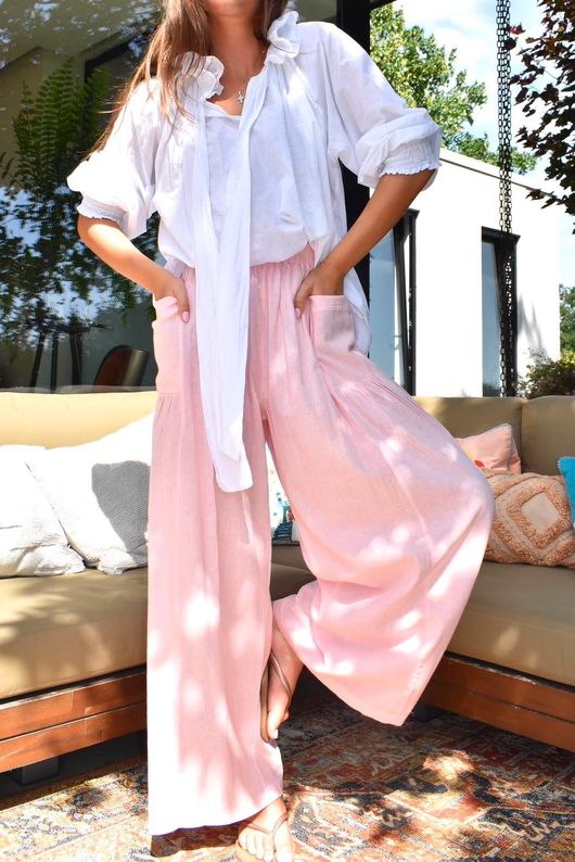 Rustic Nature Linen Blend Pocket Pleat Wide Leg Washed Sugar